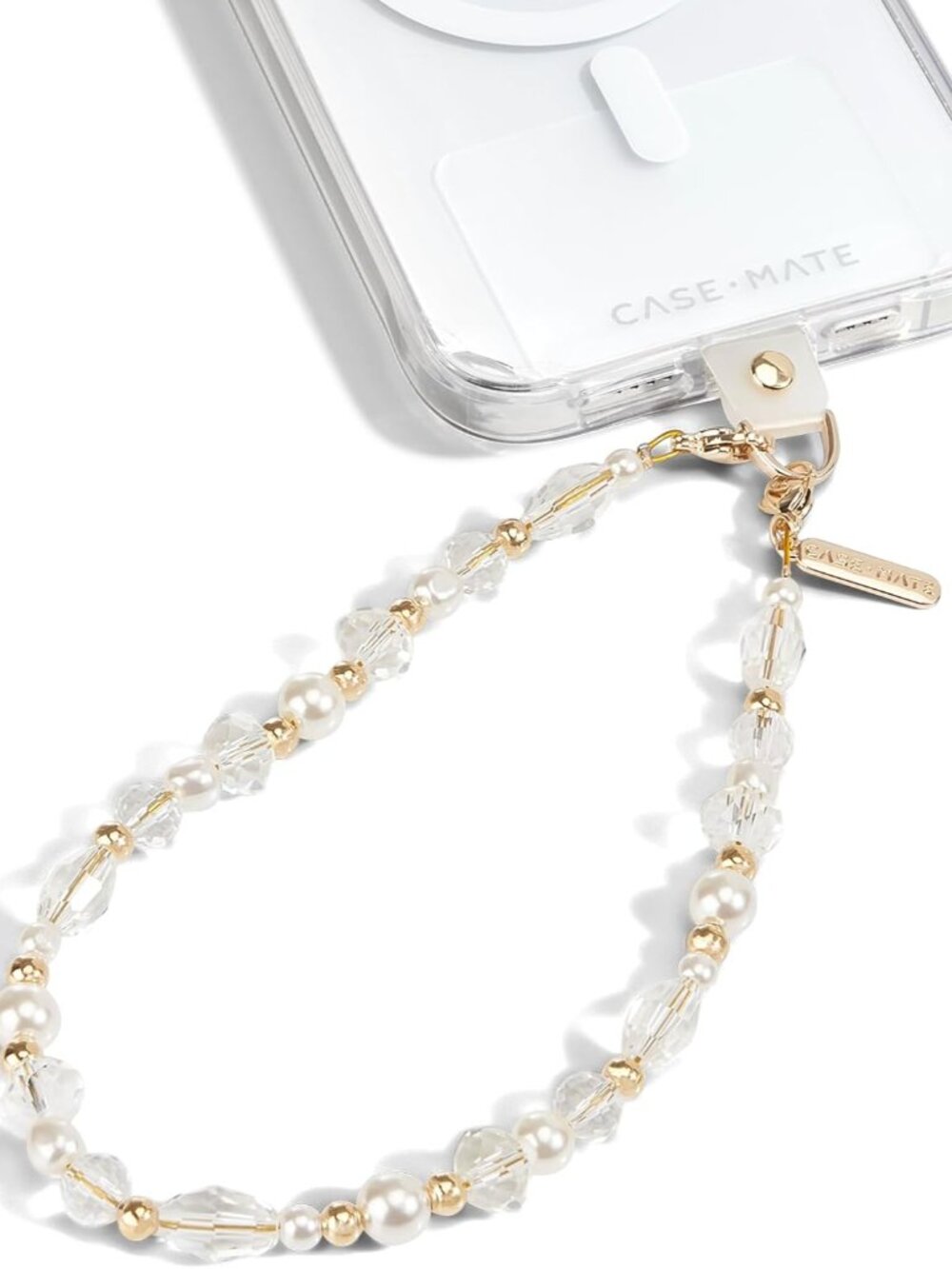 Phone Charm Wrist Strap w/Pearls & Crystals - Crystal Pearl Gold